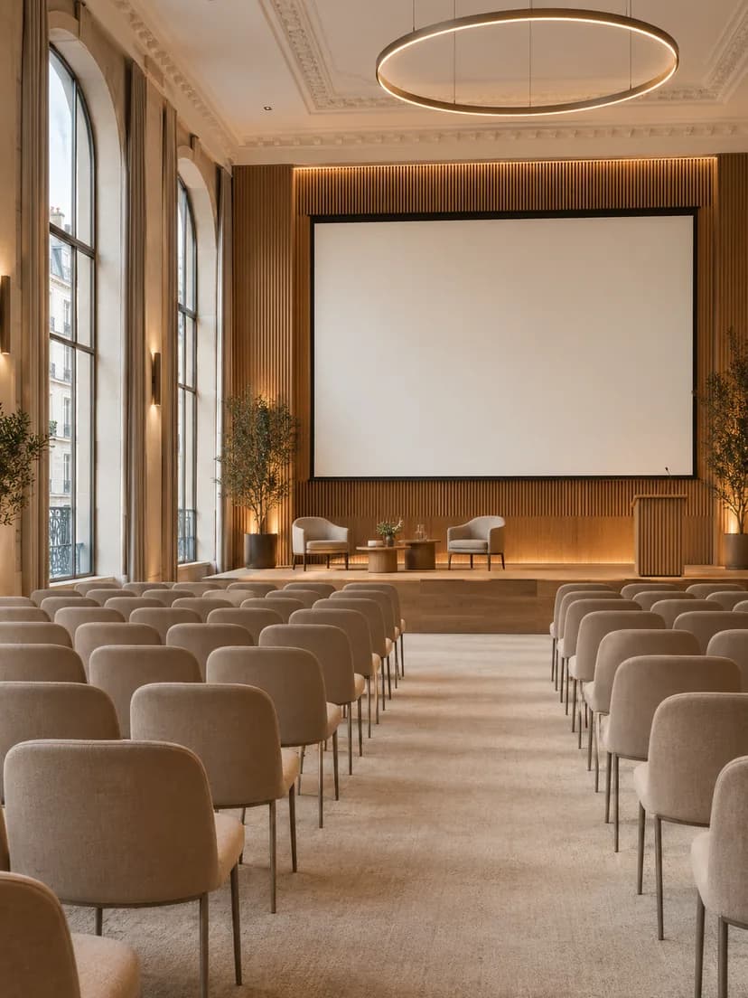 Illustration : salle de conférence avec rangées de fauteuils et scène équipée d’un écran.