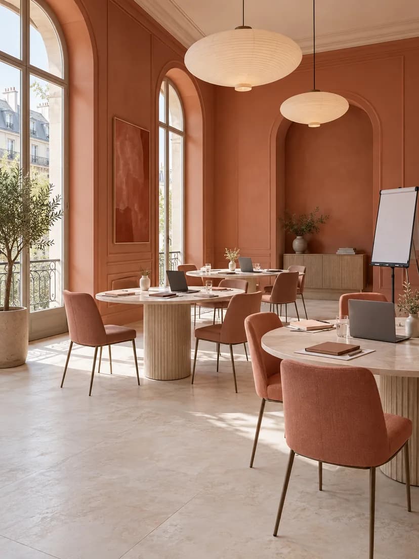 Illustration : salle de formation vide aux murs terracotta, tables, ordinateurs et paperboard.