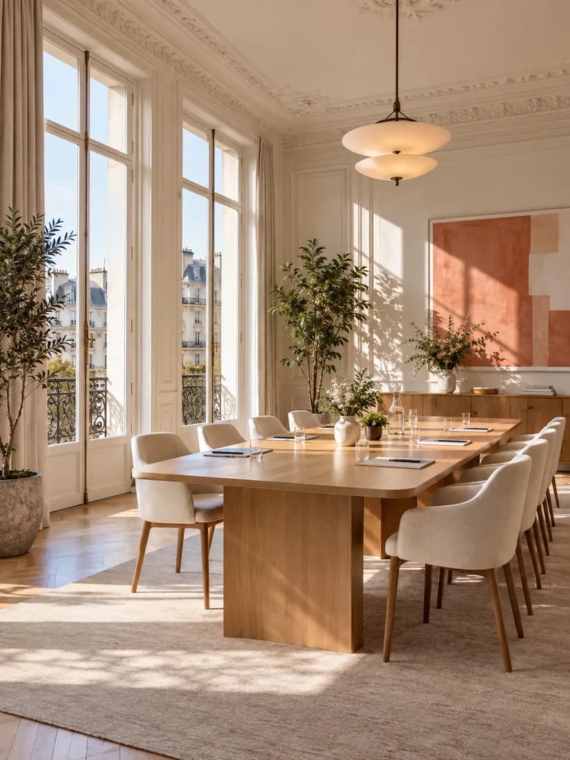 Illustration : salle de séminaire lumineuse, grande table en bois et fenêtres parisiennes.