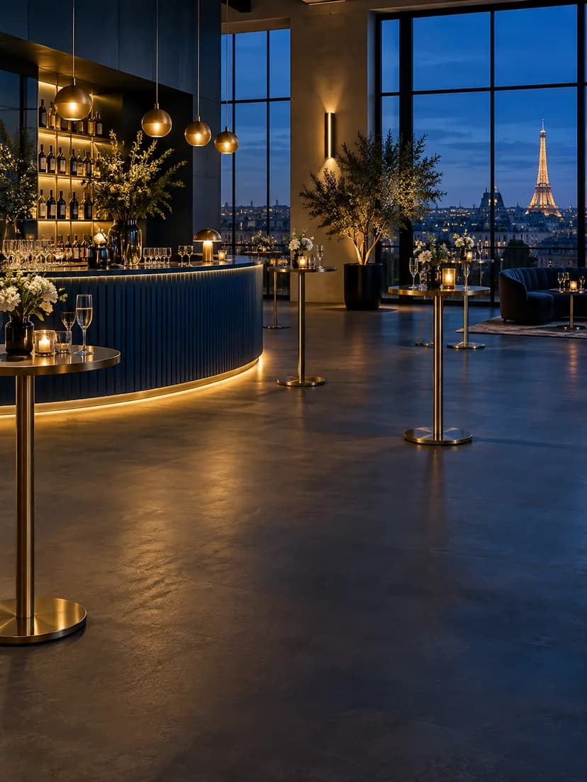 Illustration : salon parisien vide préparé pour une soirée, bar bleu nuit et éclairages dorés.