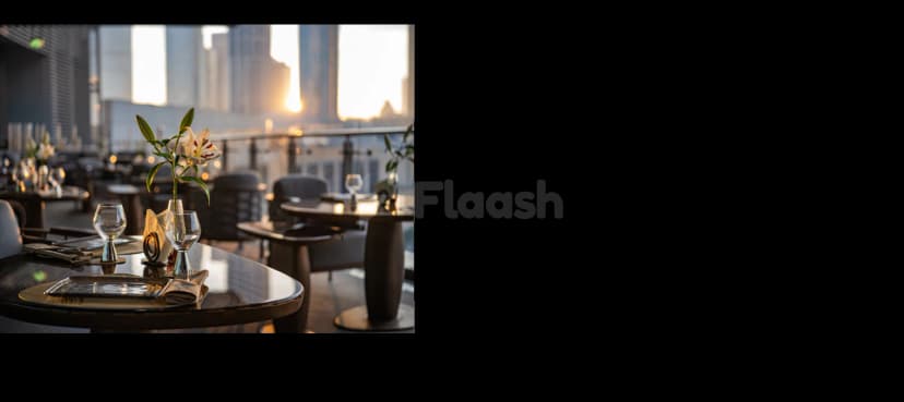 Rooftop terrace at Doors Dubai Mall Restaurant in Dubai with set dining tables and a white lily under