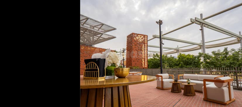Rooftop terrace at Connect Conference Centre in Dubai with red brick flooring