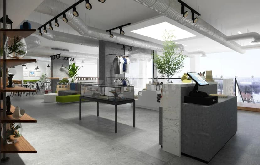 Restaurant interior at Lakum Artspace Riyadh Umm Al Hamam Al Gharbi featuring exposed ductwork and a marble-topped counter