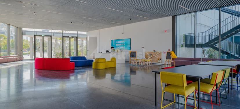 Reception hall at Jameel Arts Centre in Dubai with digital display screen
