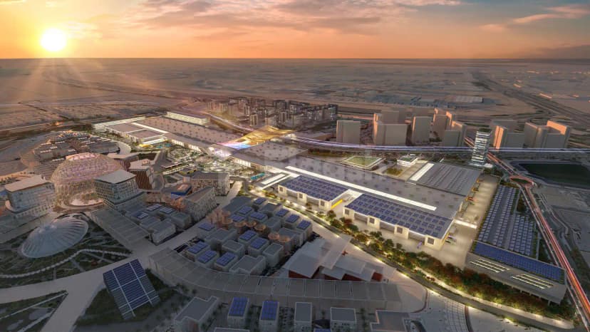 Dubai Exhibition Centre facade in Dubai featuring a geometric dome structure and solar panels on rooftops under