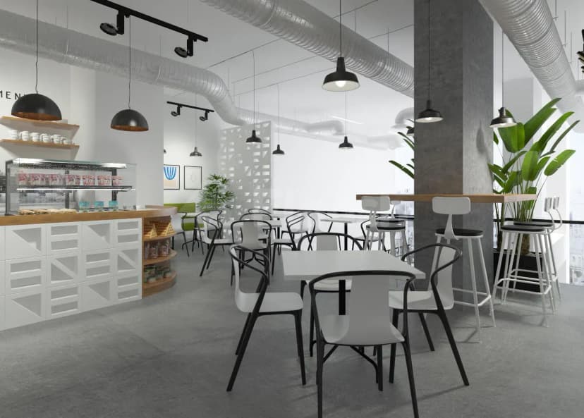 Restaurant at Lakum Artspace Riyadh Umm Al Hamam Al Gharbi featuring white tables, black metal chairs, exposed silver