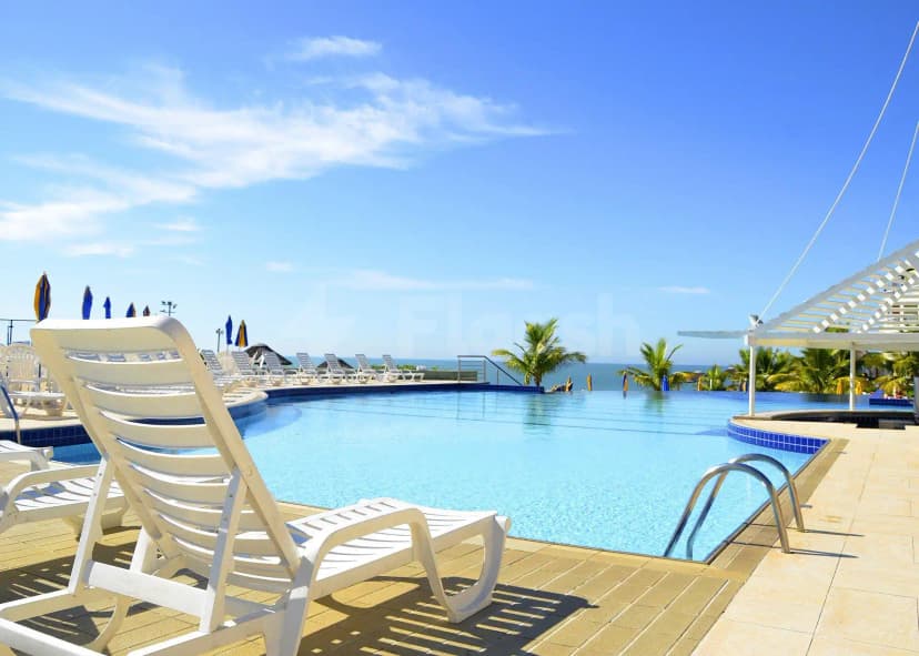 Infinity pool at Adagio Jumeirah Village Triangle in Dubai with ocean view and palm trees under a clear