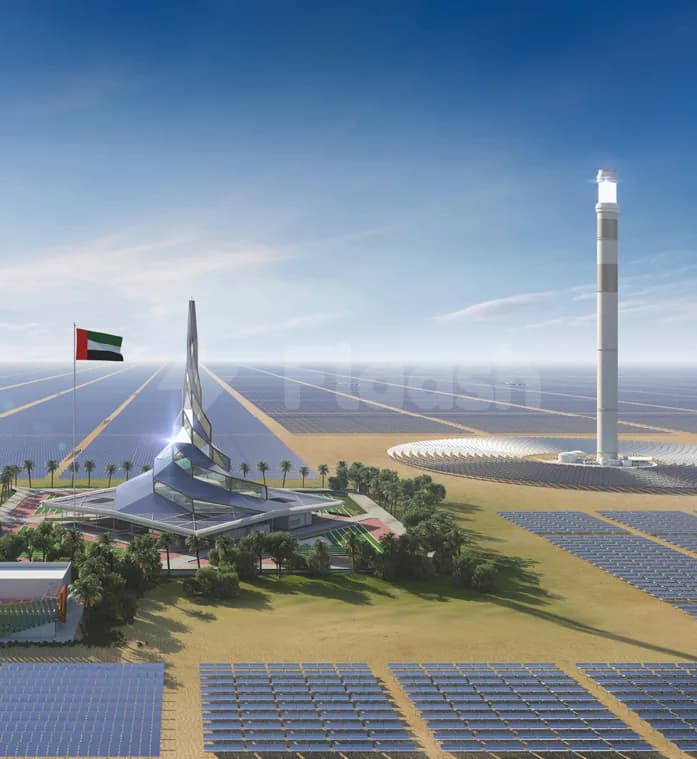 Facade of The Innovation Centre Dubai in Dubai with UAE flag and solar farm