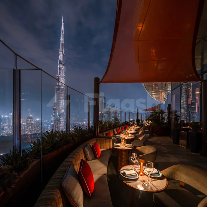Rooftop terrace at CÉ LA VI Dubai featuring glass railings and a view of the illuminated Burj Khalifa