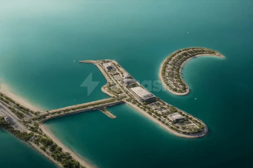Dubai Harbour Cruise Terminal facade featuring an artificial island with curved shape, concrete walkway, and low-rise buildings surrounded