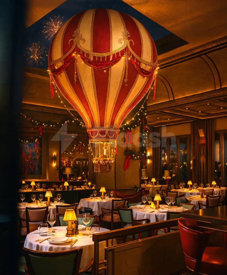 Restaurant at Alaya Dubai featuring a large red and cream hot air balloon decoration and festive string lights