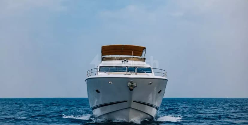 Sunseeker 82 Why Not Yacht Dubai facade showing white hull with black stripe and wooden canopy