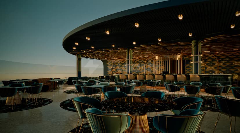 Rooftop terrace at Coucou Dubai featuring a curved ceiling with recessed lighting and a geometric-patterned wall backdrop