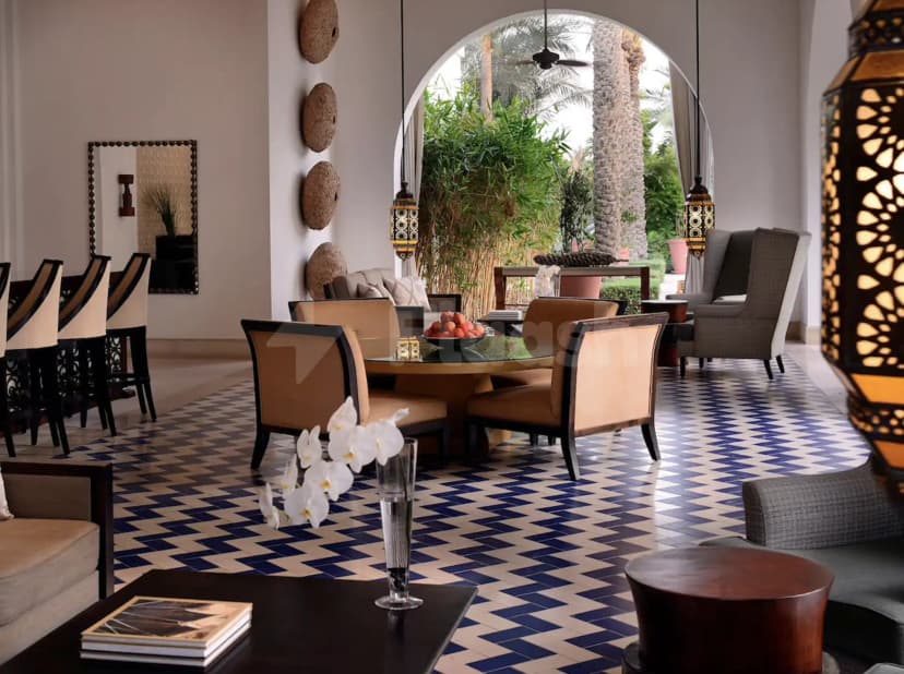 Restaurant at Dubai Creek Golf & Yacht Club in Dubai with blue and white chevron tile floor