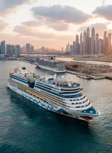 Rooftop terrace at Dubai Harbour Cruise Terminal in Dubai overlooking docked cruise ships and the city skyline during