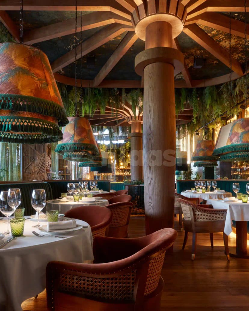 Restaurant interior at Amazónico Dubai featuring large pendant lamps with tassels and hanging ferns under a wooden