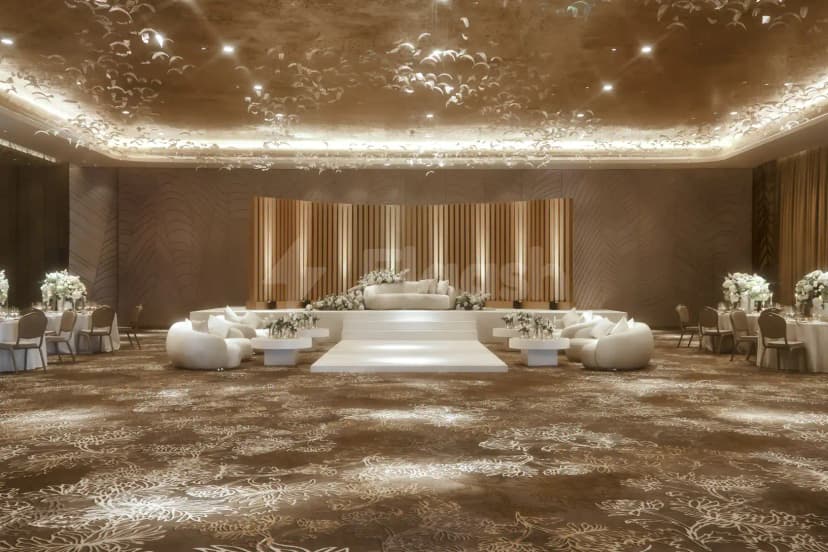 Ballroom at Mandarin Oriental Downtown Dubai featuring a raised white platform, wooden slatted backdrop, and ceiling sculpture of