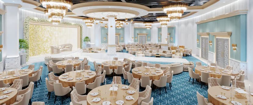 Ballroom at White Palace Wedding Hall in Doha featuring round dining tables, beige chairs, ornate chandeliers
