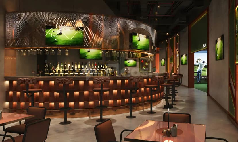 Curved bar counter at Five Iron Golf Dubai featuring backlit brick paneling and multiple TV screens displaying golf