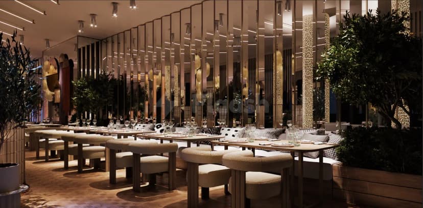OSH Del Mar Restaurant Dubai Marina dining area with mirrored walls and indoor greenery flanking long tables