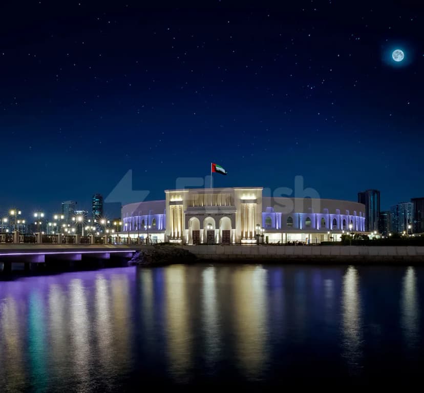 Facade of AlMajaz Amphitheatre Sharjah at night with UAE flag flying above waterfront