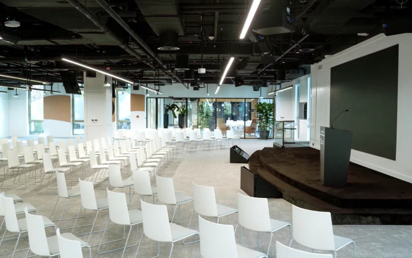 Meeting room at The Nexus in Expo City Dubai with exposed ceiling ductwork