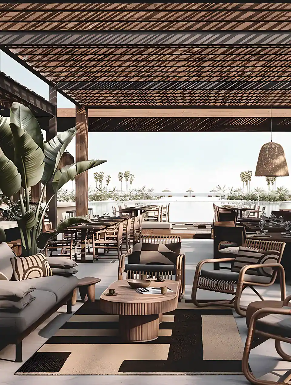 Rooftop terrace at Peaches & Cream Beach Restaurant Dubai featuring a wooden pergola ceiling and a black and beige