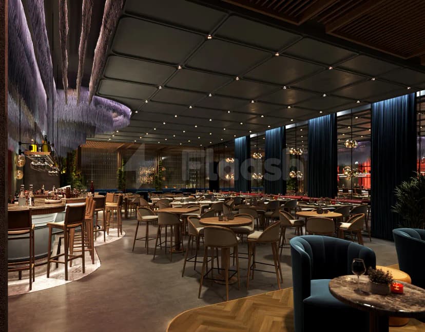 Bar du Port Abu Dhabi restaurant interior featuring a hanging feather art installation and dark grey ceiling panels
