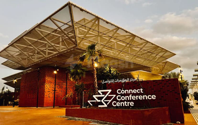 Angular roof structure at Connect Conference Centre in Dubai with illuminated signage