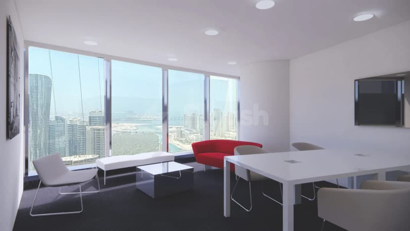 Meeting room at Italiacamp Dubai Hub for Made in Italy featuring floor-to-ceiling windows with city skyline view
