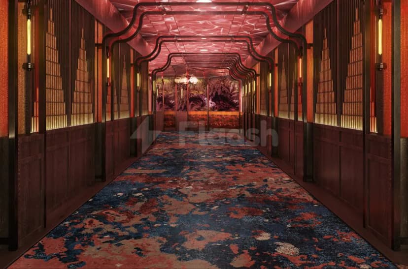 Long corridor at Mott 32 Dubai with illuminated slatted wall panels