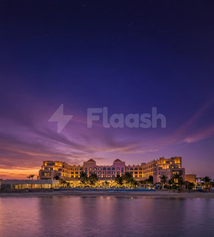 Hotel facade of Kempinski Sariya in Yanbu at twilight, illuminated with warm lighting, featuring arched windows and palm
