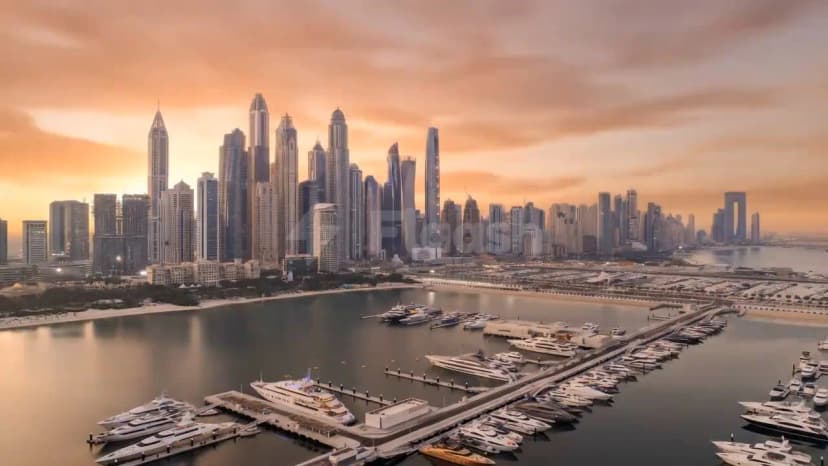 Rooftop terrace at Dubai Harbour Cruise Terminal in Dubai overlooking the marina with luxury yachts and the city