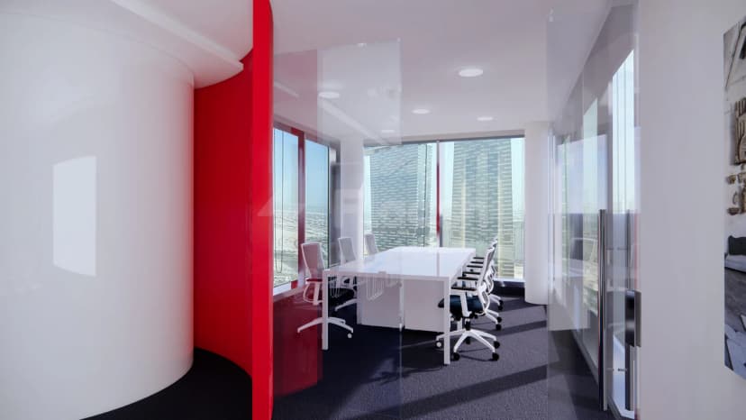 Boardroom at Italiacamp Dubai Hub for Made in Italy featuring floor-to-ceiling windows with city skyline view