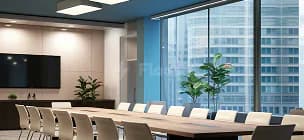 Boardroom at Dubai Exhibition Centre in Dubai featuring a long wooden conference table, beige chairs, and floor-to-ceiling