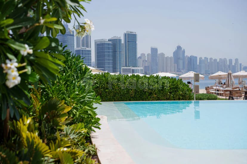 Infinity pool at Playa Dubai with turquoise water and green tropical plants, overlooking Dubai’s city skyline