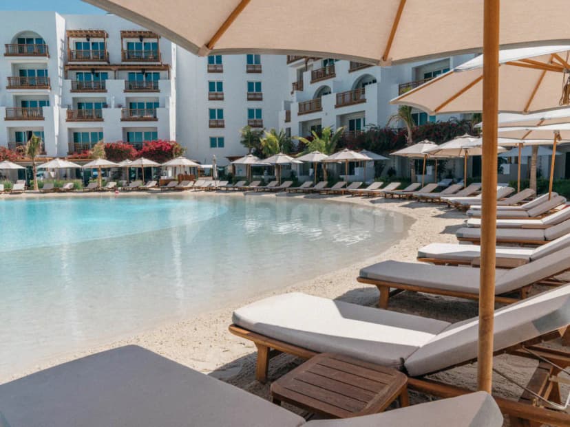 Rectangular swimming pool at Twiggy Dubai in Dubai with sandy edge and lounge chairs