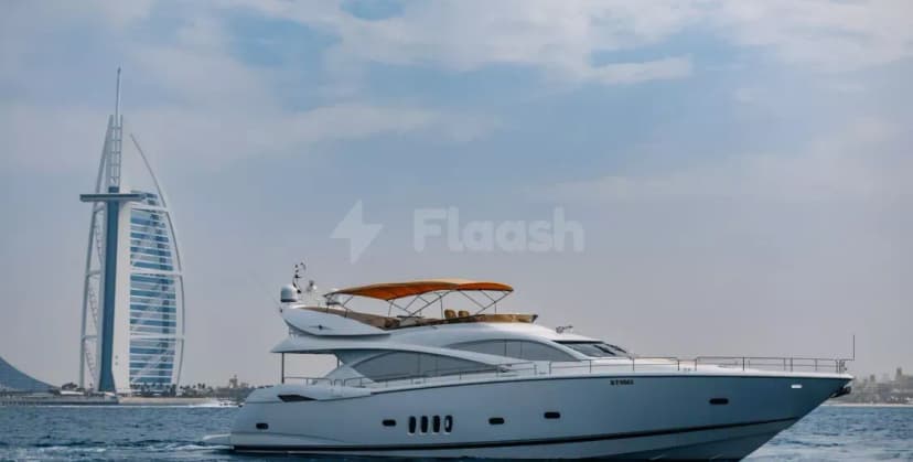 Sunseeker 82 Why Not Yacht Dubai rooftop terrace with orange canvas canopy and stainless steel railing, Burj Al