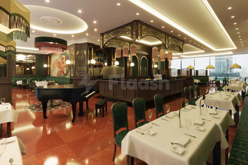 Entrecôte Café de Paris Restaurant Riyadh Al Faisaliah Tower features a grand piano and ornate Art Nouveau