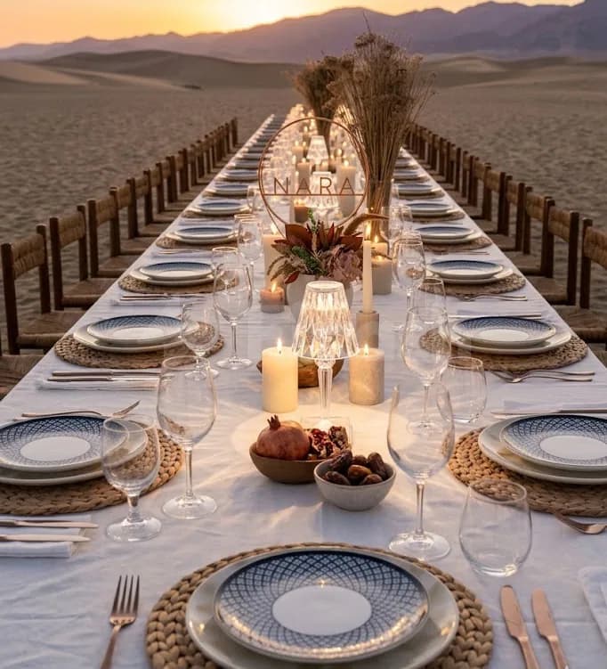 Long dining table set on Nara Desert Escape’s terrace in Dubai, featuring woven placemats, blue patterned plates