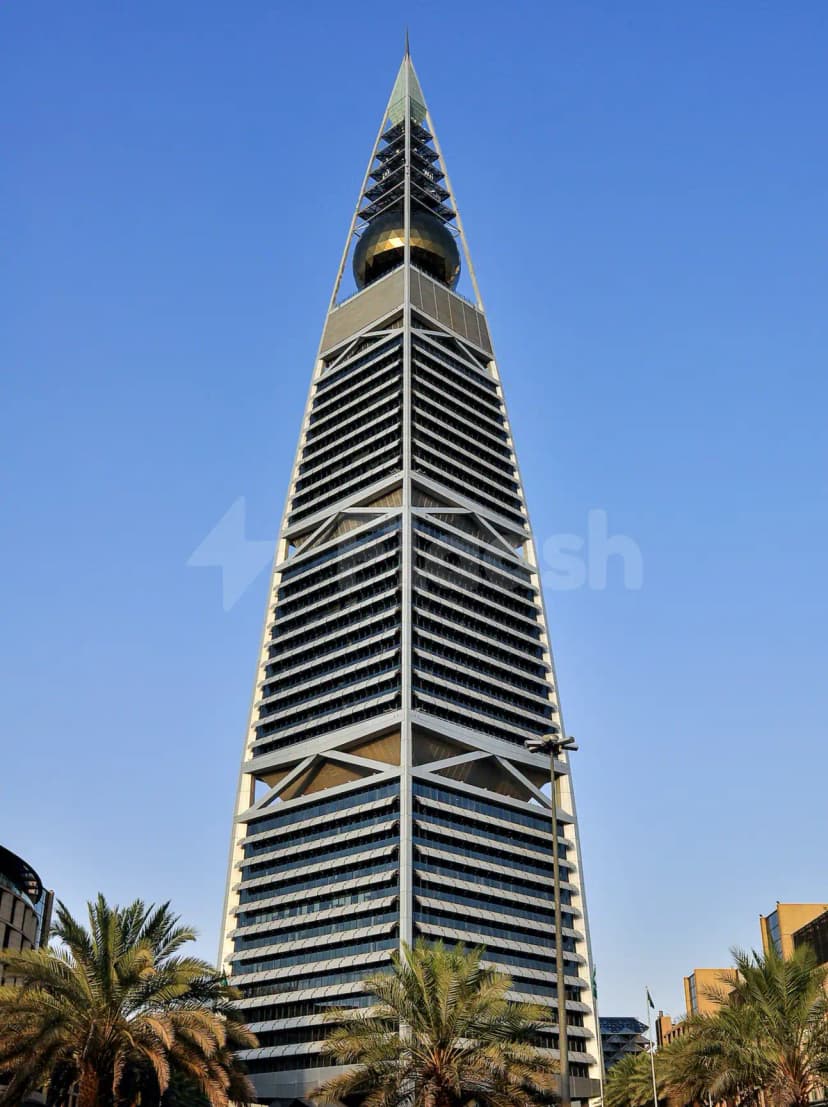 Al Faisaliah Tower facade in Riyadh featuring its golden sphere and green spire against a clear blue sky