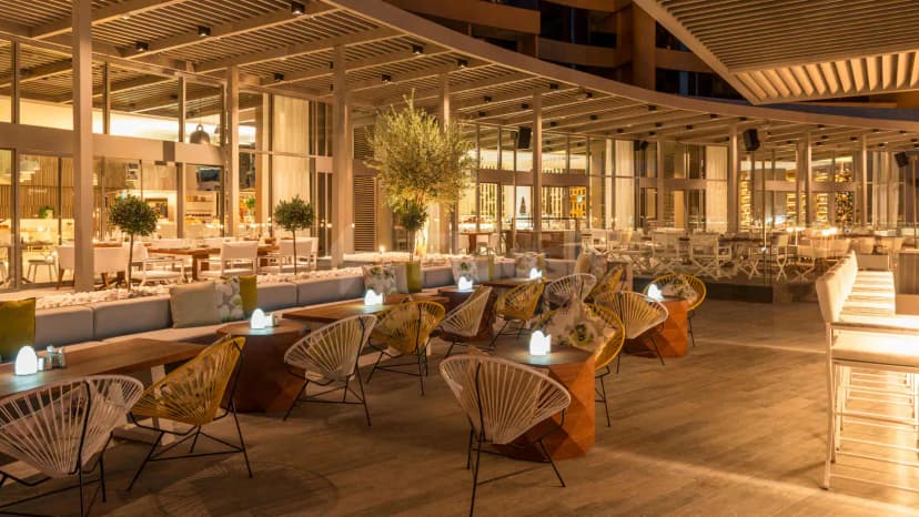 Rooftop terrace at Le Royal Meridien Beach Resort & Spa Dubai featuring a modern canopy roof and potted olive