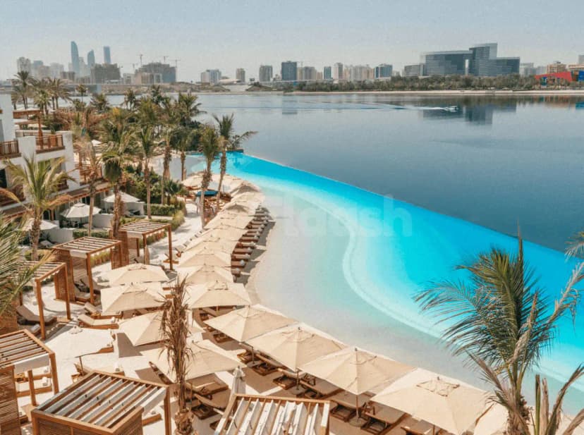 Infinity pool at Twiggy Dubai terrace with turquoise water curving toward the waterfront, palm trees and modern city