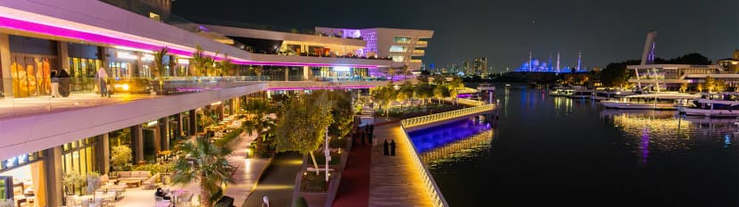 Multi-level terrace at Al Qana in Abu Dhabi featuring glass railings, palm trees, and an illuminated water channel