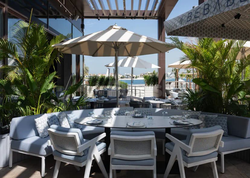 Rooftop terrace at Bebabel The Palm Restaurant in Dubai with sea view