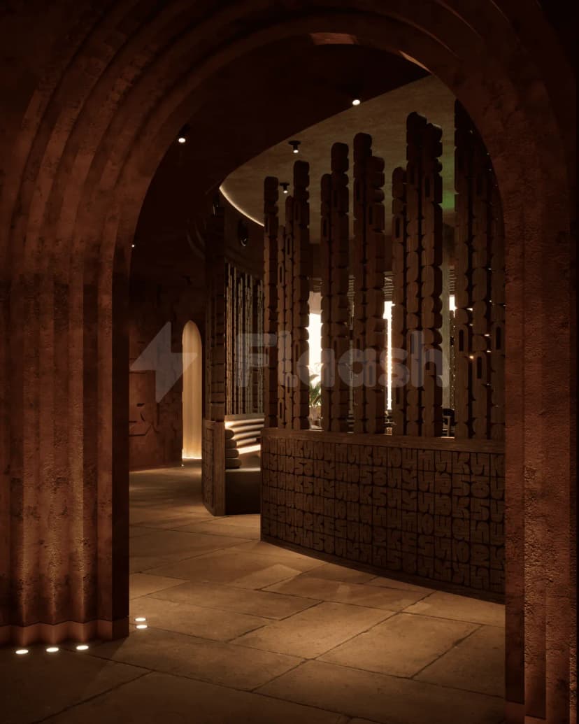 Entrance hall at Kaimana Restaurant and Beach in Dubai featuring a stone archway and a wooden sculptural partition