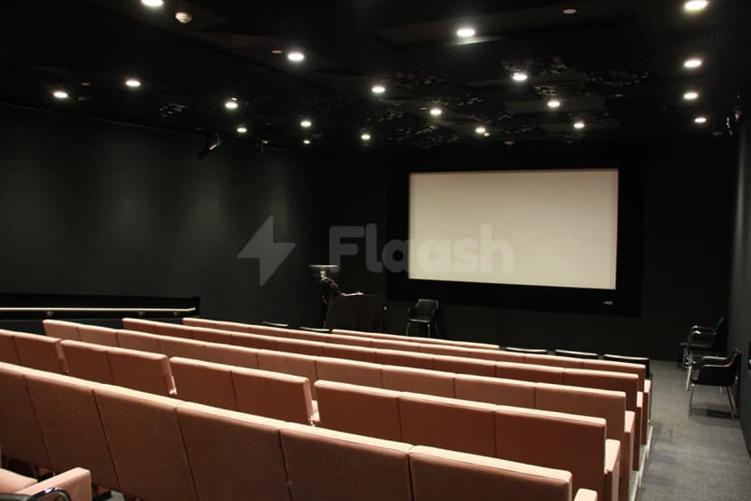 The Blue Hall Abu Dhabi meeting room with rows of peach chairs, black walls, and a white projection