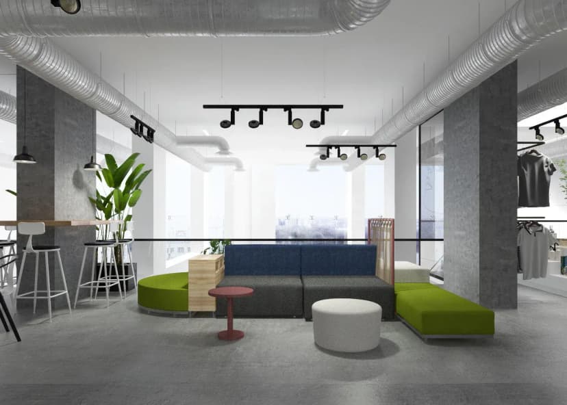Meeting room at Lakum Artspace Riyadh Umm Al Hamam Al Gharbi featuring exposed ductwork, concrete pillars, and large