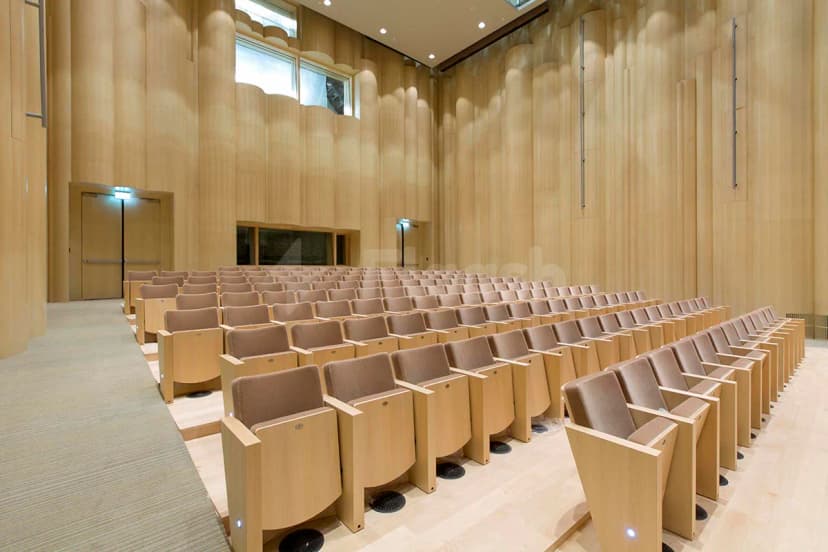 Meeting Room at The Blue Hall Abu Dhabi featuring tiered wooden seating with beige upholstery and light wood