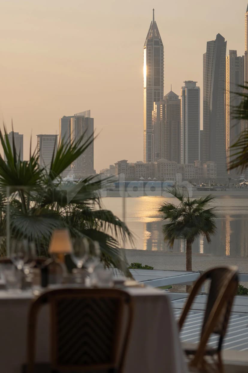 Rooftop terrace at Ristorante Loren in Dubai with palm trees, waterfront view, and city skyline at golden hour